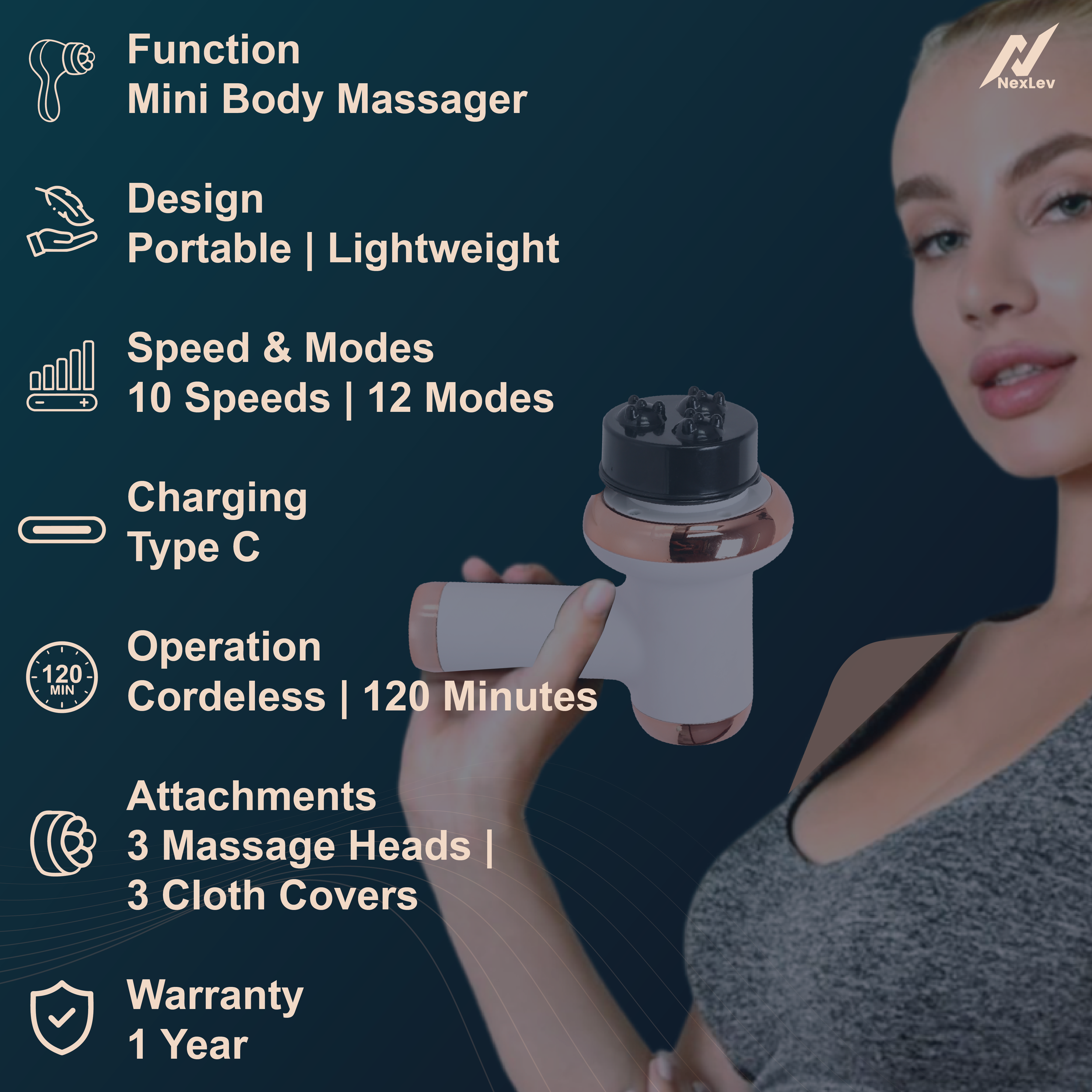 NexLev Mini Body Massager| Cordless & Travel-Friendly| 12 Massage Modes for Full Body Relaxation| 10 Speed Settings| 6 Attachments| Model PM-02