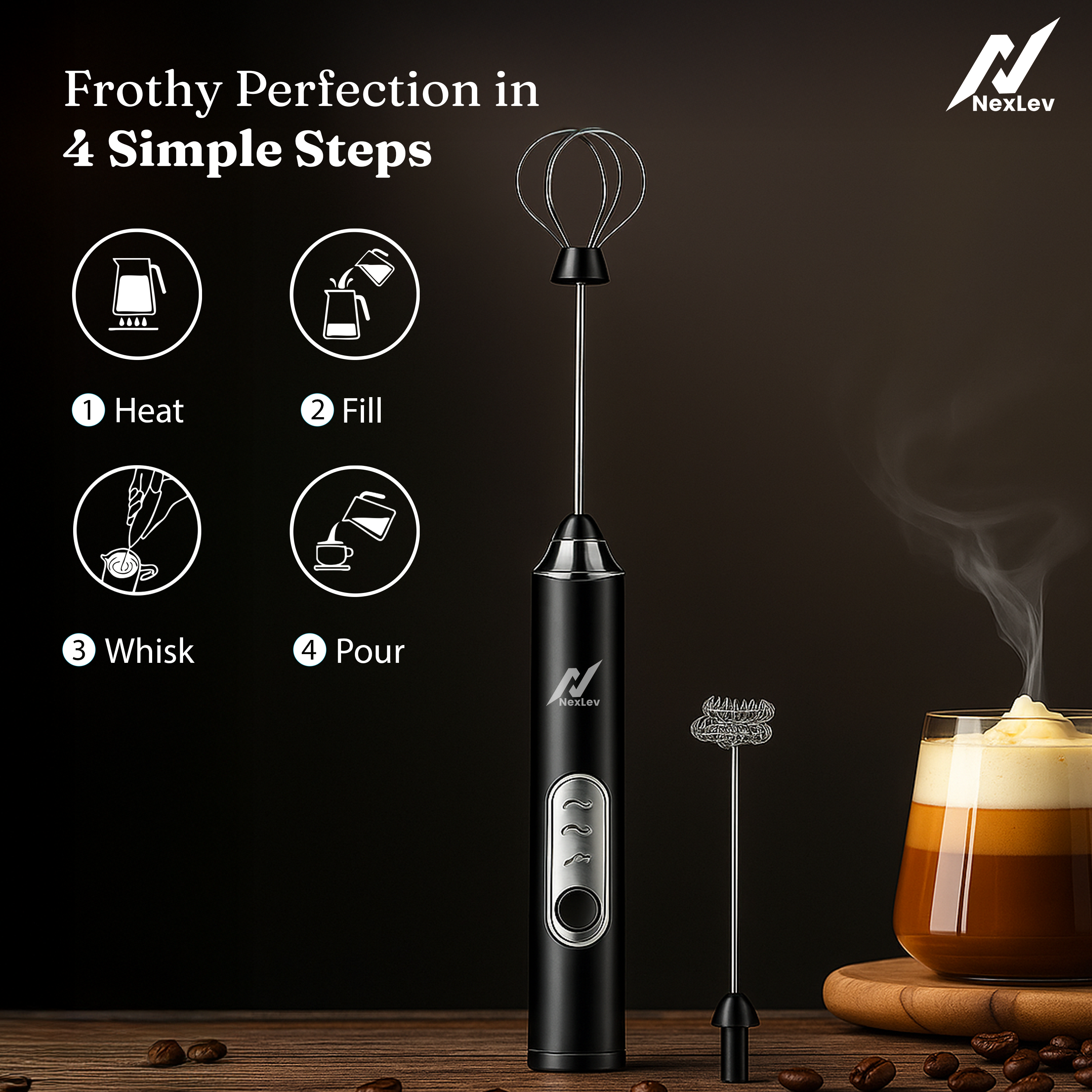 NexLev Rechargeable Milk Frother & Whisk MF-01