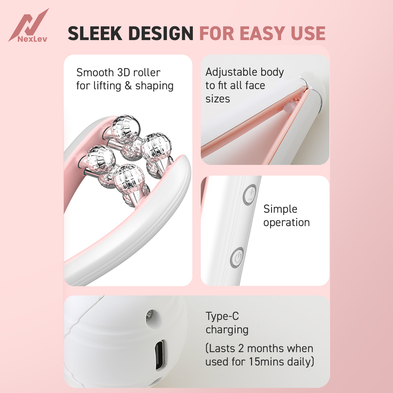 NexLev Face Massager| 3D Roller with EMS & RF Microcurrent | LE-08