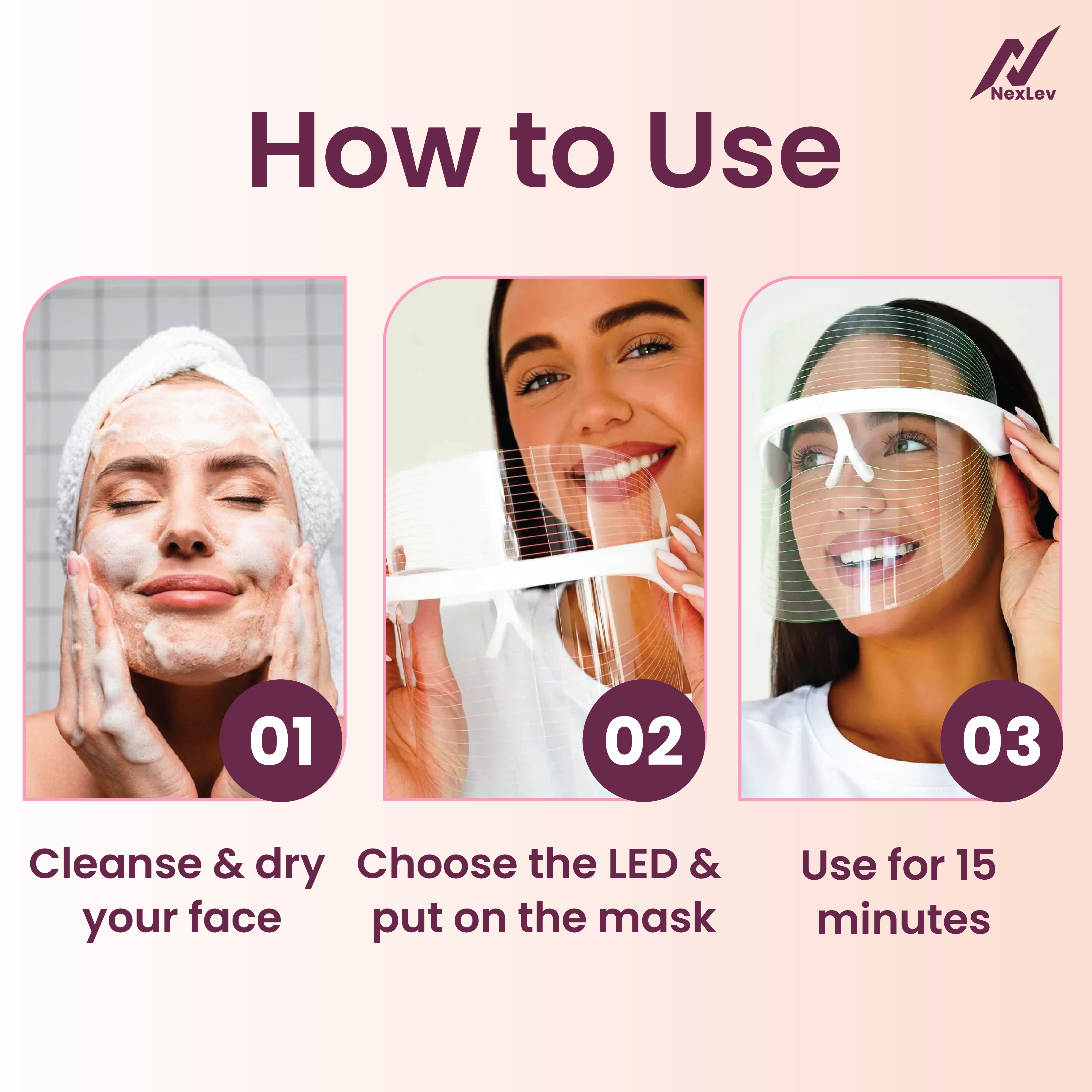 Nexlev LED Face Therapy Mask | For Glowing Clean Glass Skin | LE-07