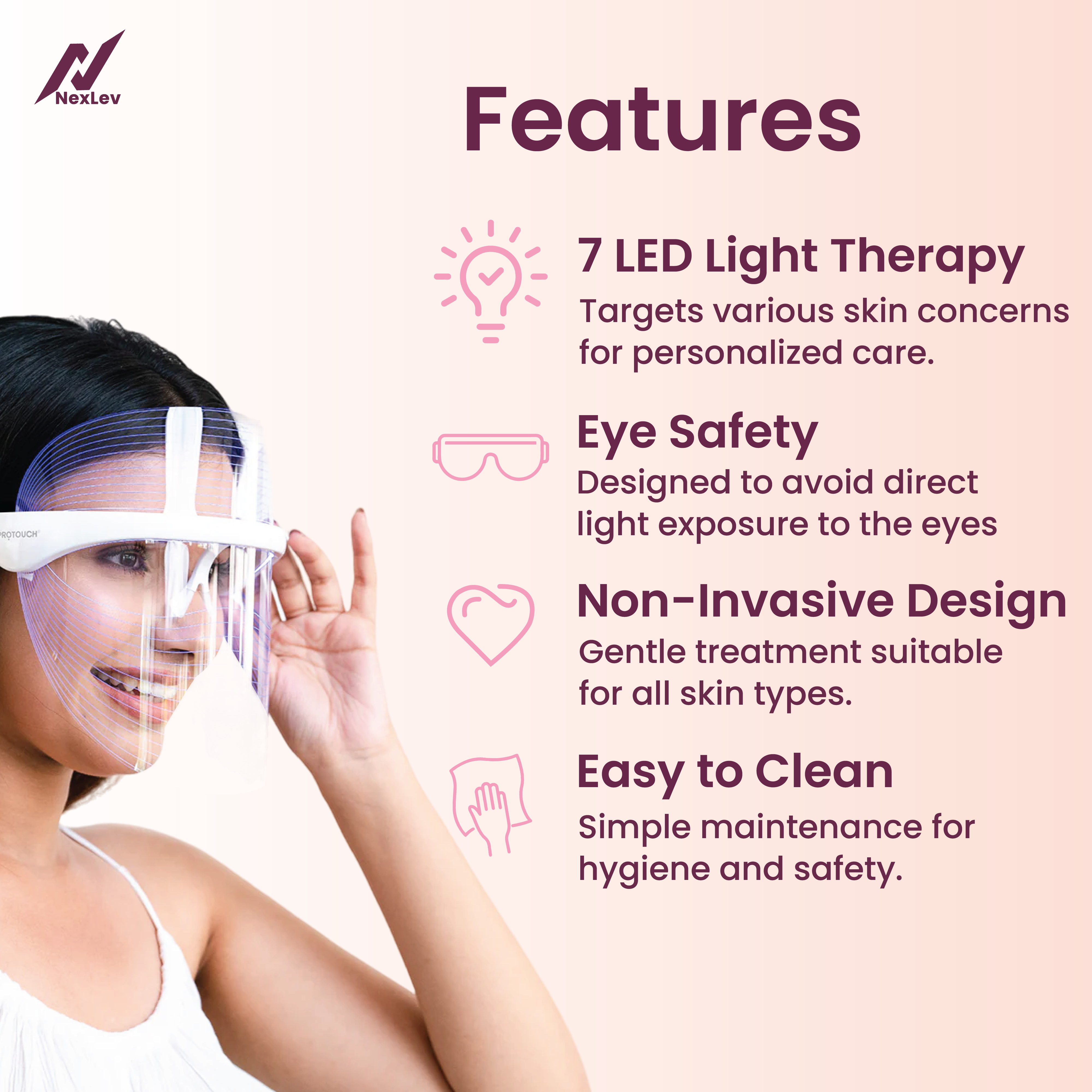 Nexlev LED Face Therapy Mask | For Glowing Clean Glass Skin | LE-07