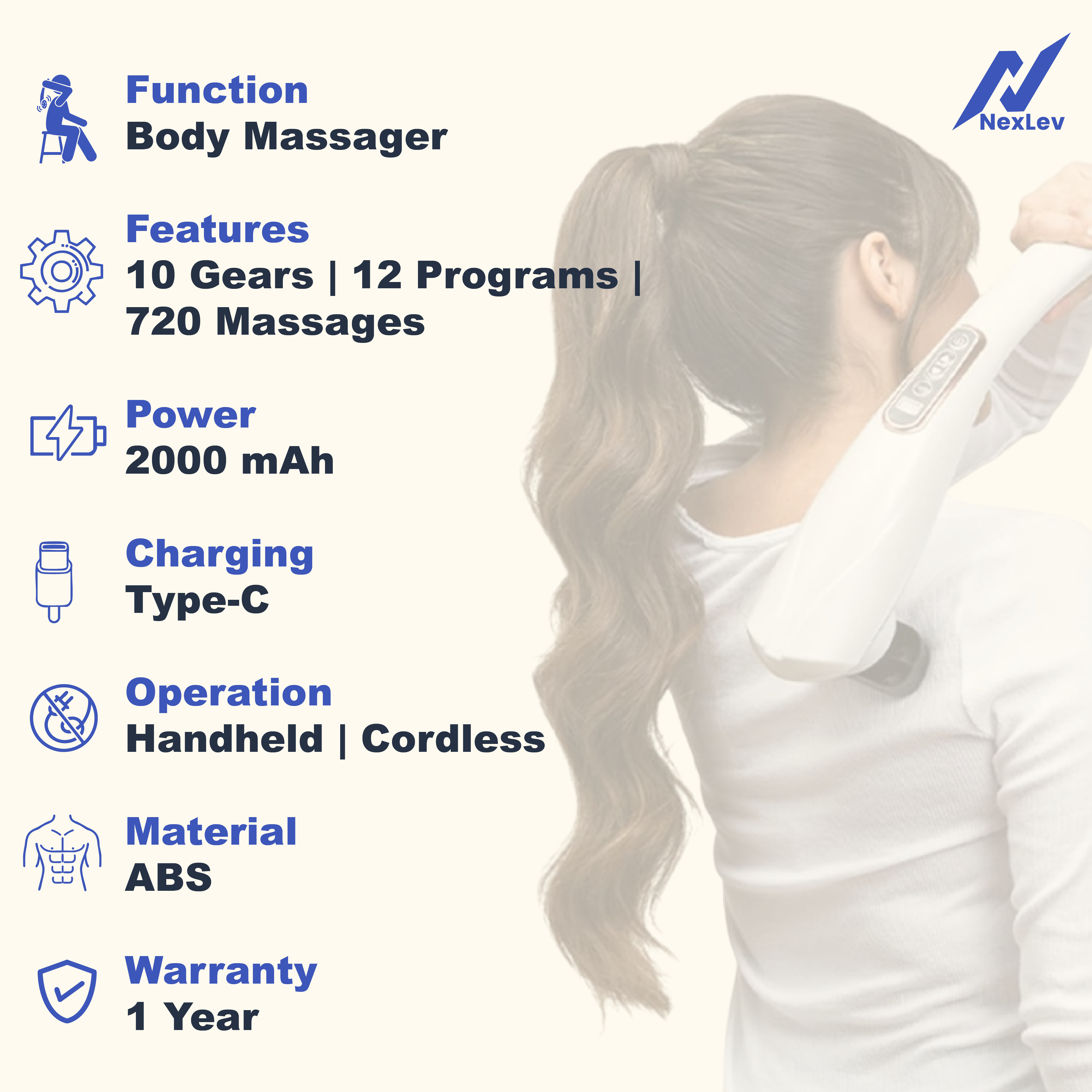 NexLev Handheld Full Body Massager | 6 Massage Heads for Relaxation | PM-01