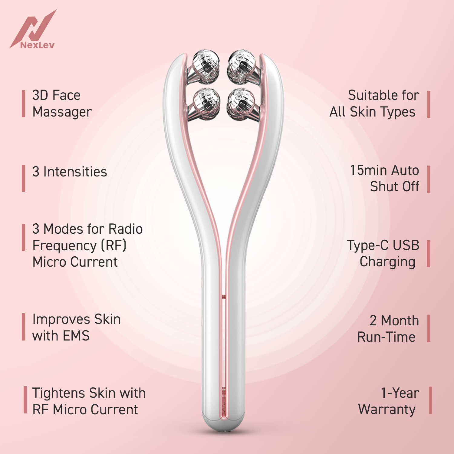 NexLev Face Massager| 3D Roller with EMS & RF Microcurrent | LE-08