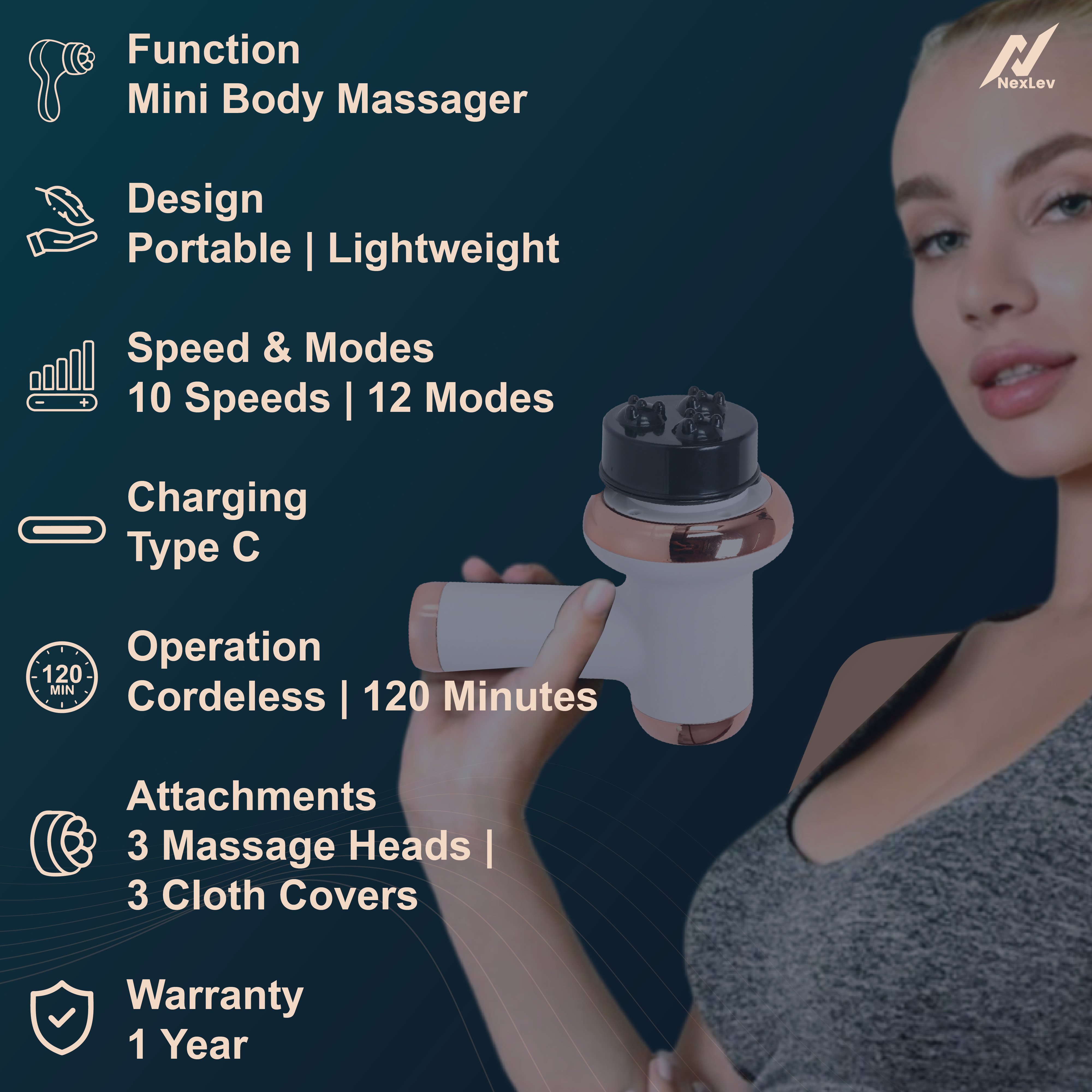 NexLev Mini Body Massager| Cordless & Travel-Friendly Model PM-02