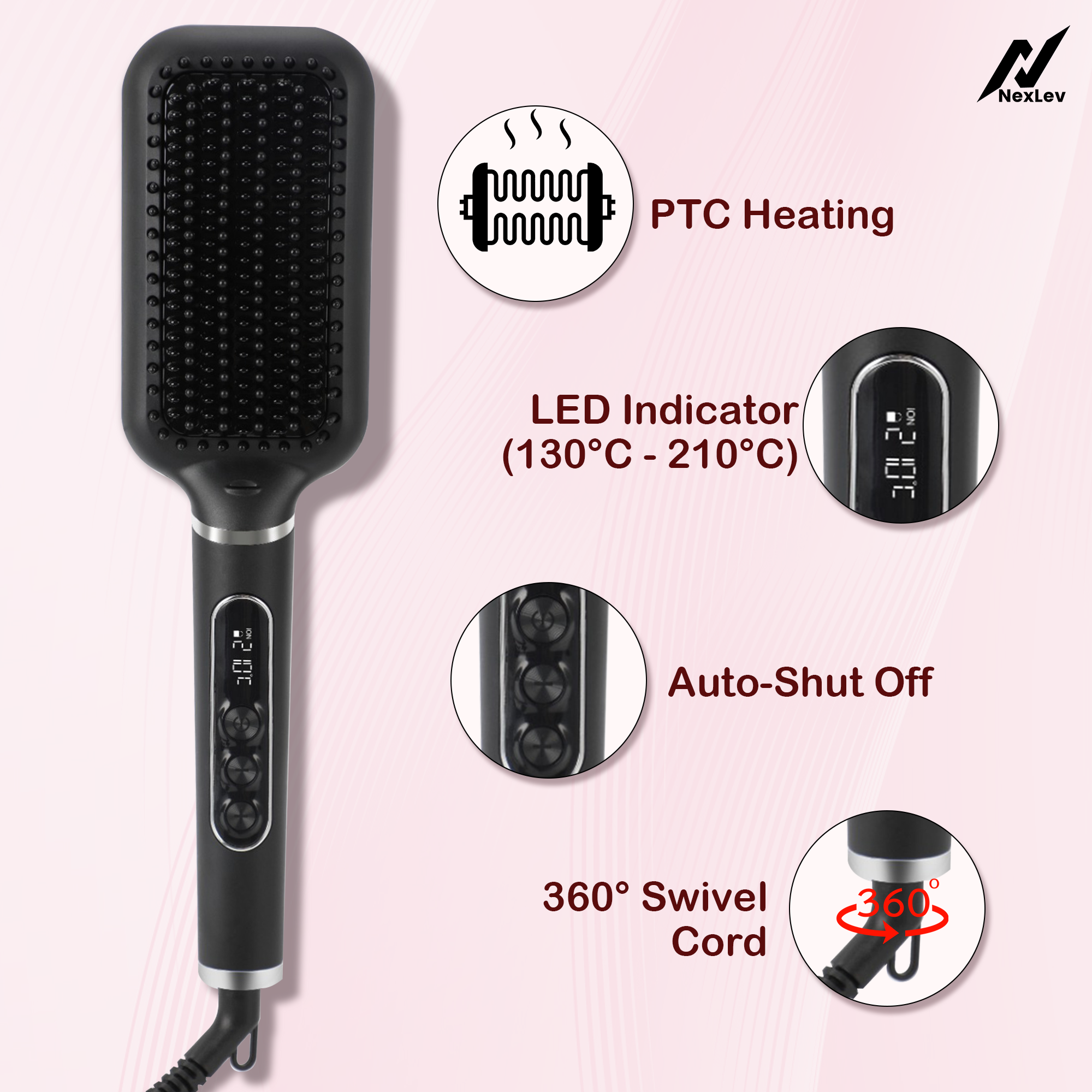 NexLev Hair Straightener Brush HSB-03