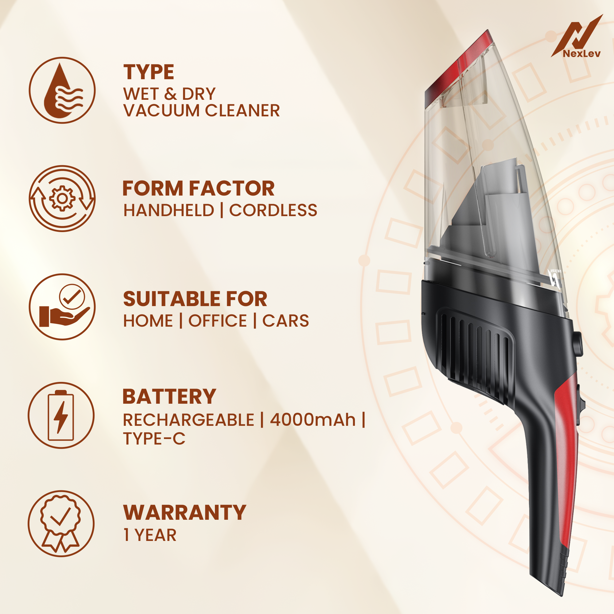 Nexlev Cordless Wet & Dry Vacuum Cleaner for Car & Home | VC-05