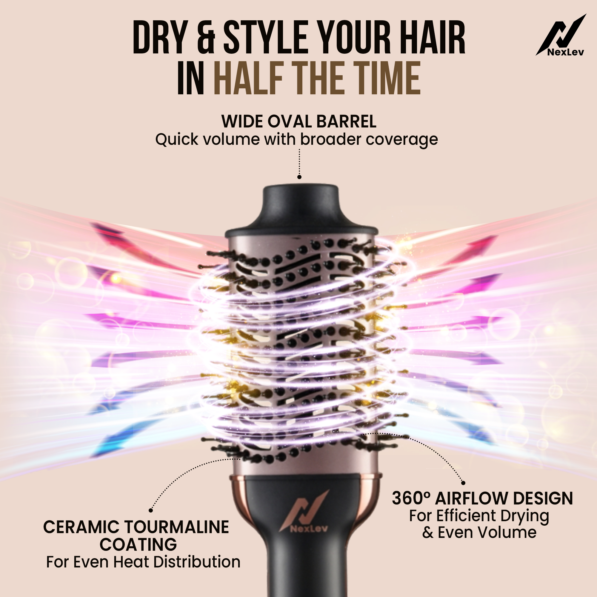 Nexlev IONIC Volumizer Hair Brush V-01 Rose Gold