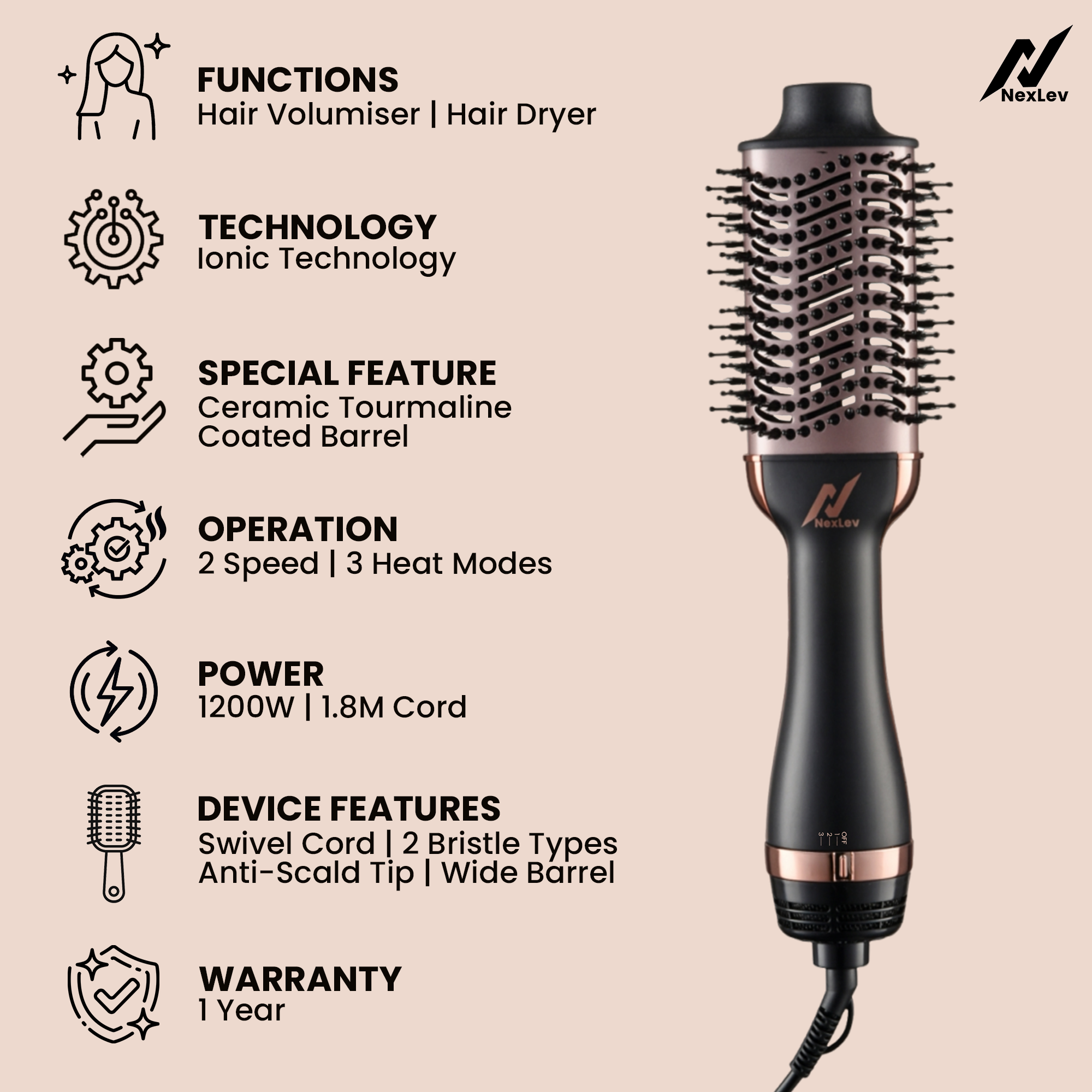 Nexlev IONIC Volumizer Hair Brush V-01 Rose Gold