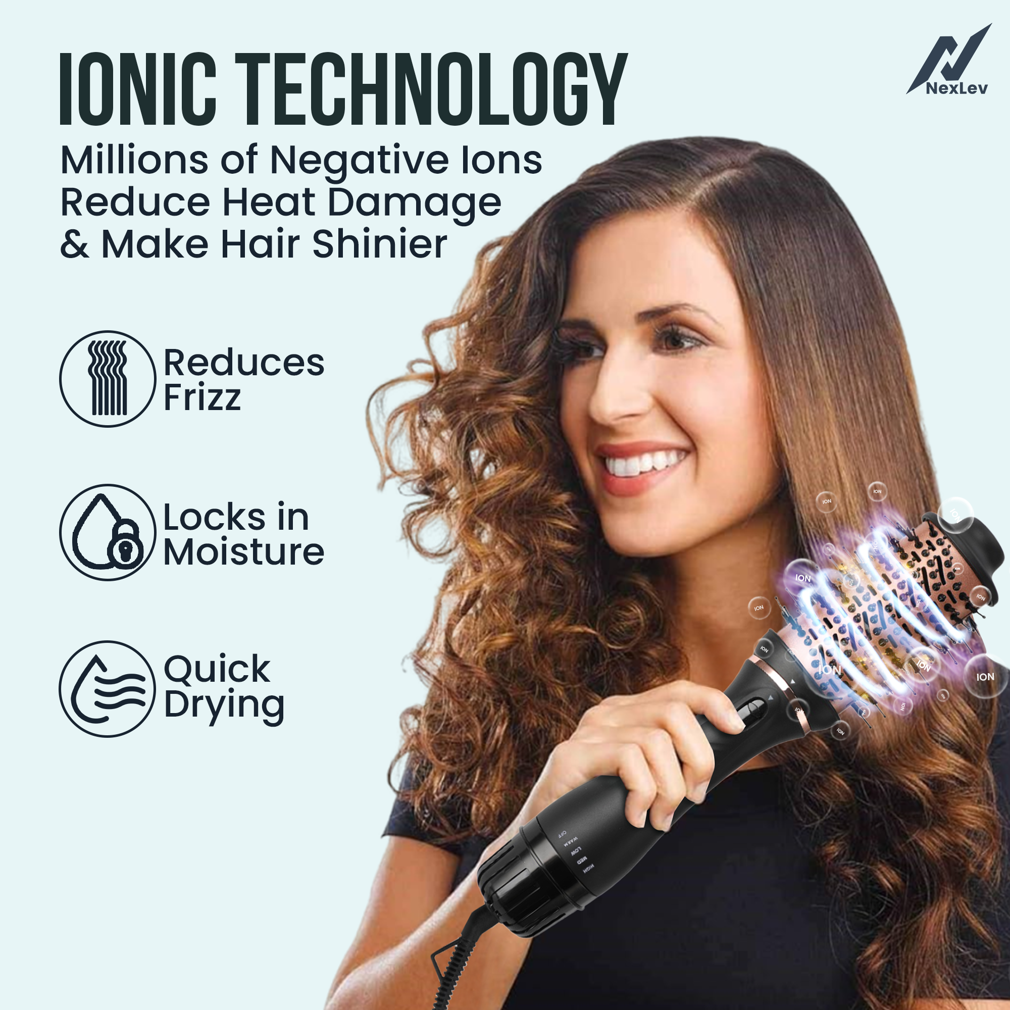 NexLev Ionic 2 in 1 Hair Volumizer Brush + Hair Dryer V-03