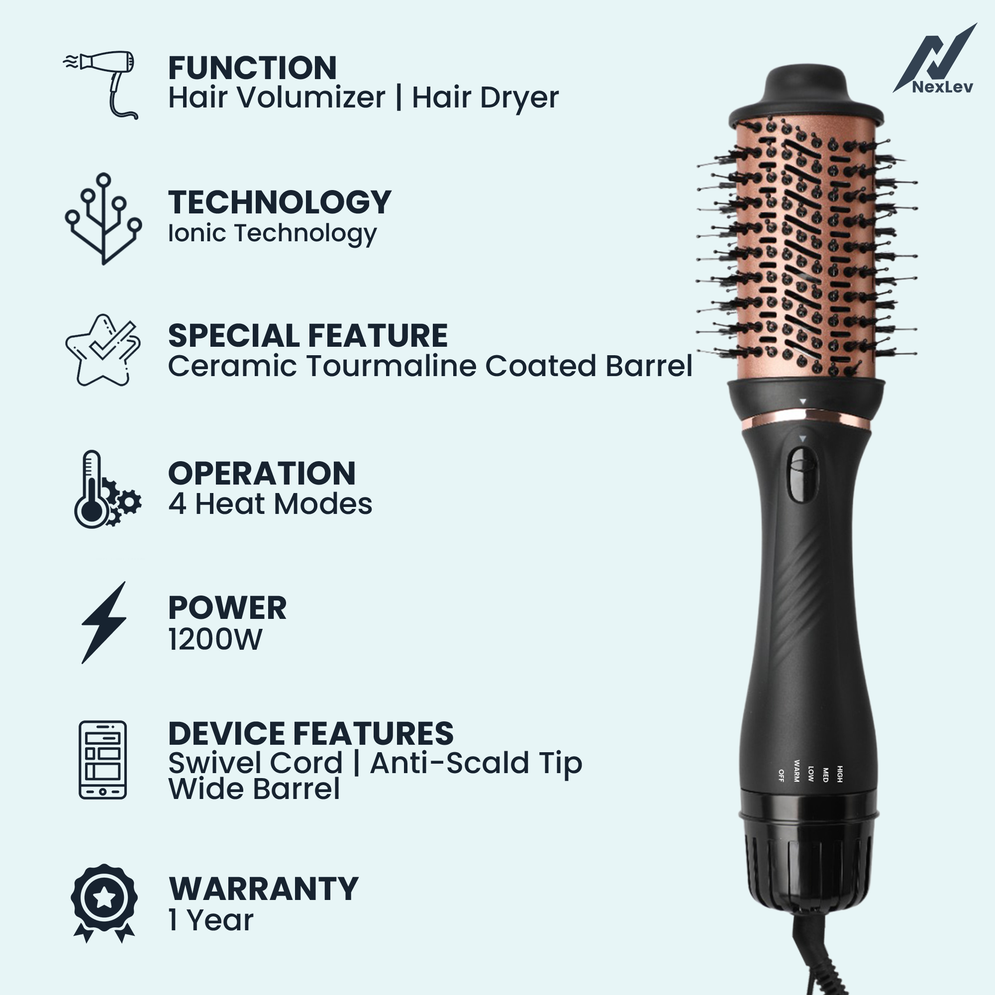 NexLev Ionic 2 in 1 Hair Volumizer Brush + Hair Dryer V-03