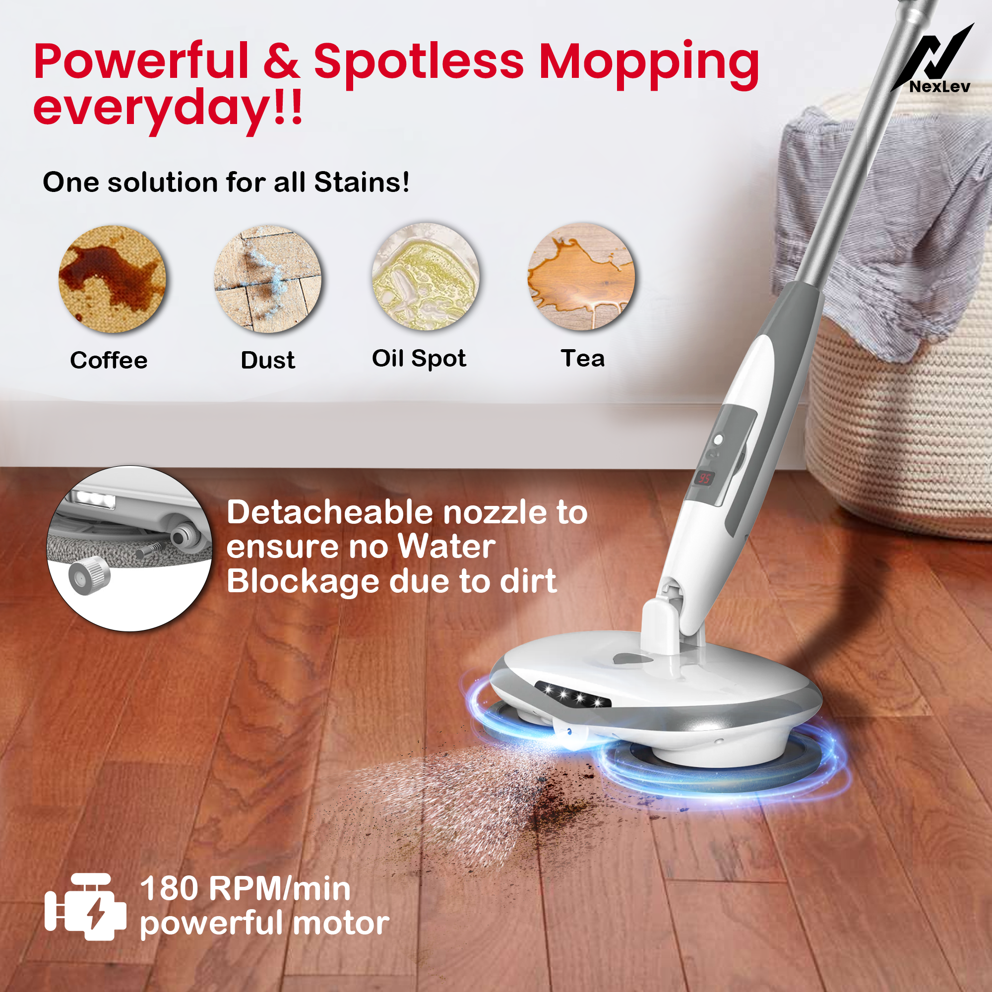 Nexlev Cordless Electric Spin Mop Swipe+| 180RPM Power Motor SPM-01