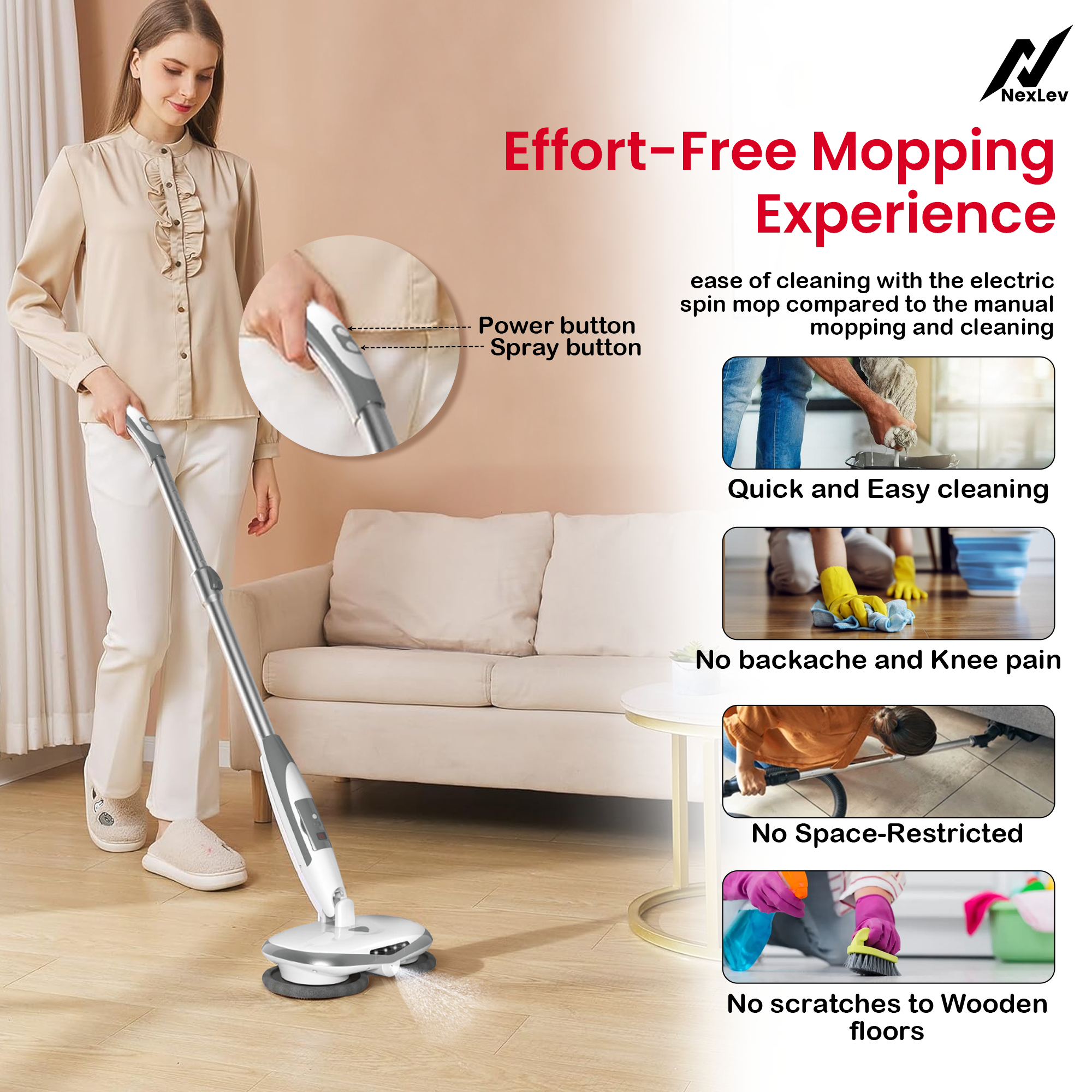 Nexlev Cordless Electric Spin Mop Swipe+| 180RPM Power Motor SPM-01