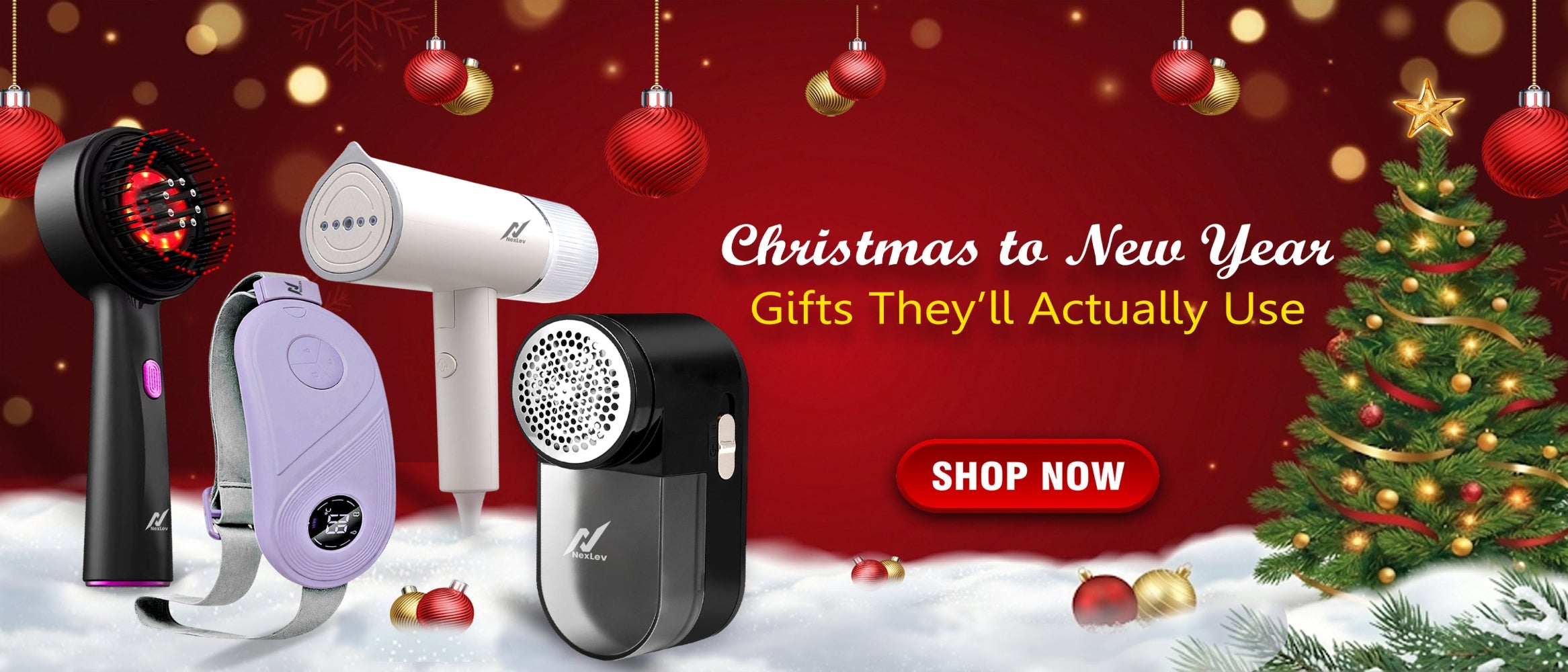 Holiday-themed advertisement with electronic devices and a Christmas tree on a red background.