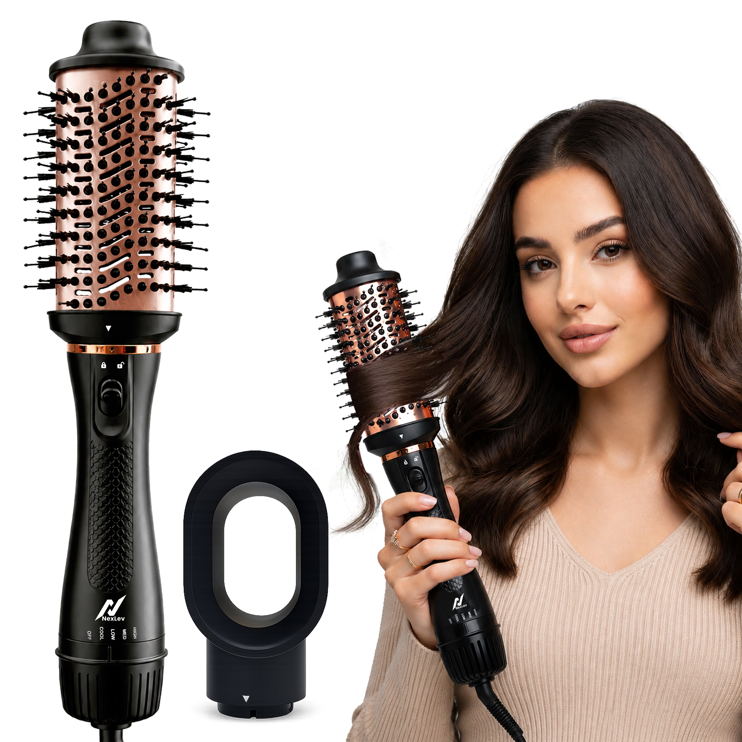 NexLev Hot Air Brush For Hair | 3 in 1 Volumizer Hair Blow Dry Brush with 1.5 Inch Barrel, Ceramic Tourmaline Coating, 1200W, Dual Bristle for Tangle Free Salon Styling | V-03