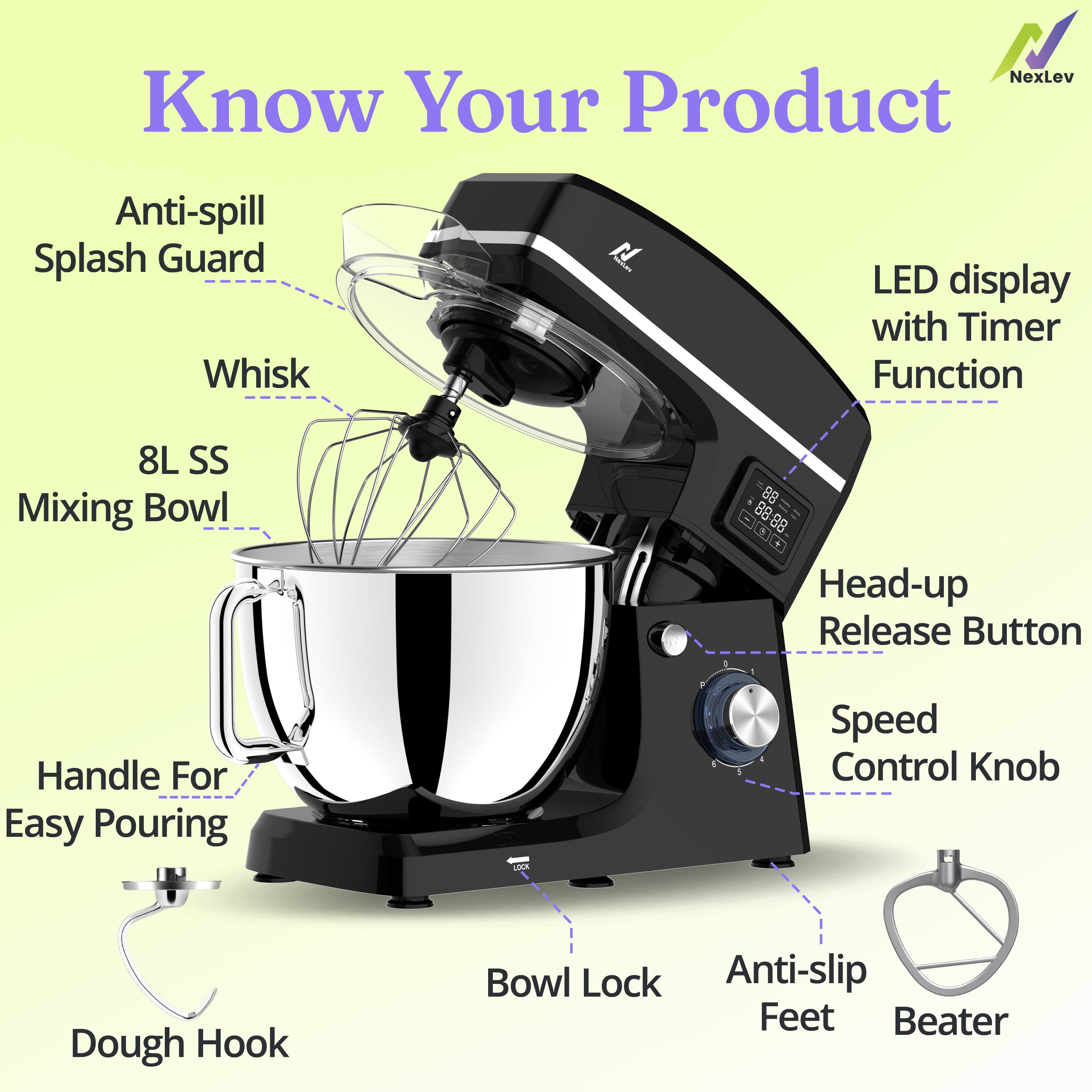 NexLev Stand Mixer with Digital Timer | 2000W Copper Motor | 8L Stainless Steel Bowl | ST-03
